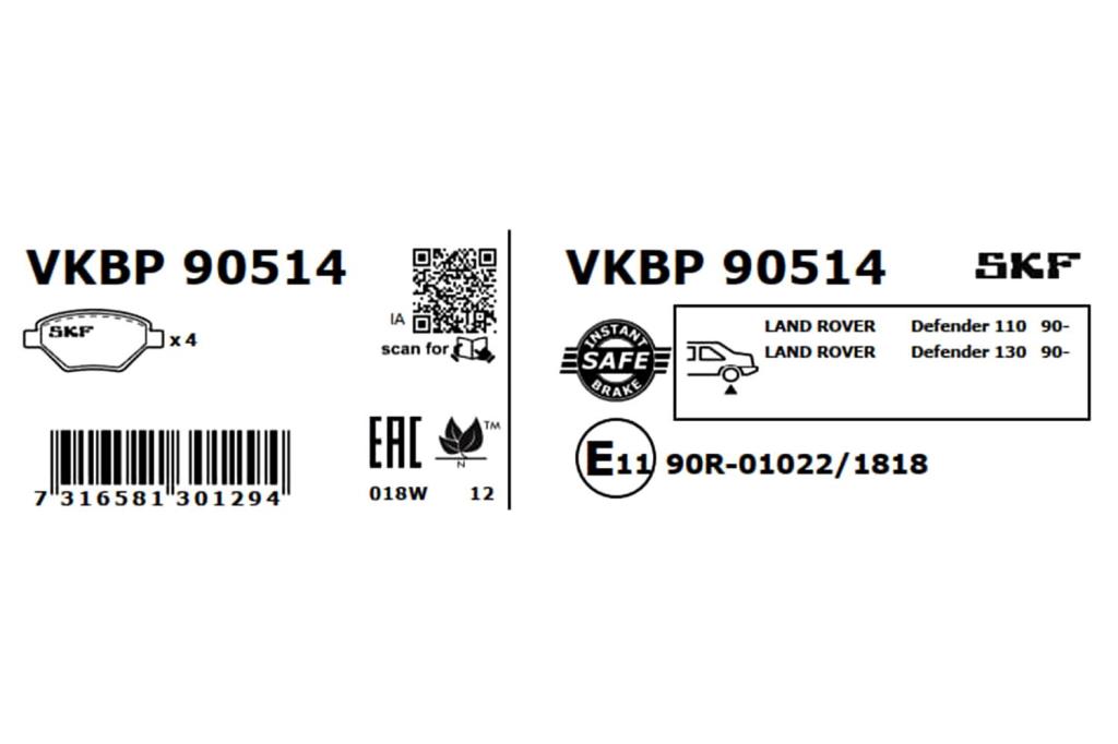 Jogo de 4 pastilhas de travão SKF ref. VKBP 90514
